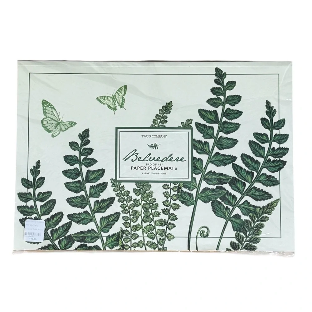 Two's Company Belvedere White Green Floral 48 Paper Placemats Sheet Tear-Off Pad